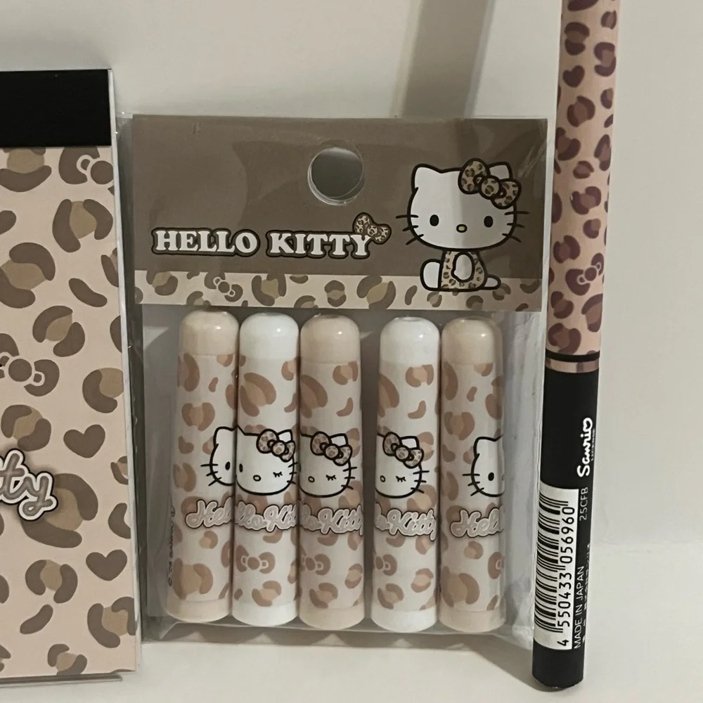 Hello Kitty Brown Leopard Mini Memo Pad, Pencil and Pencil Cap Bundle